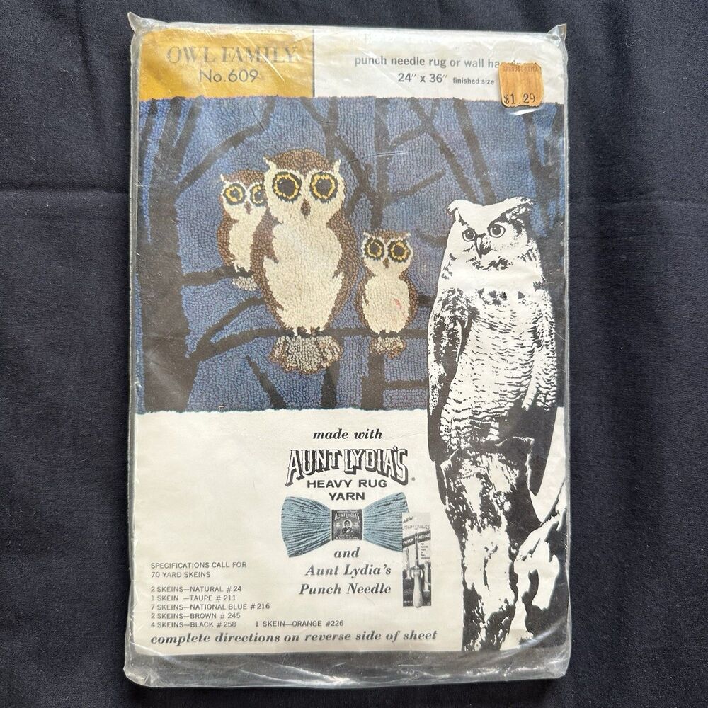 Vintage NIP Owl Family No. 609. Punch Needle Rug Wall Hanging. No yarn. 1970’s.